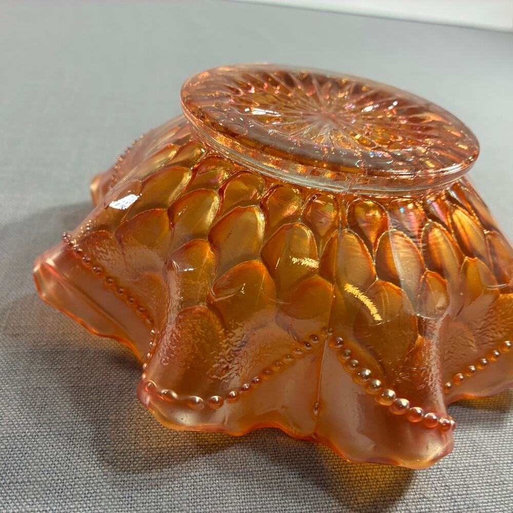 Vintage Marigold Carnival Glass Ruffled Bowl Petal Pattern 6.5 Inch - Picture 9 of 11